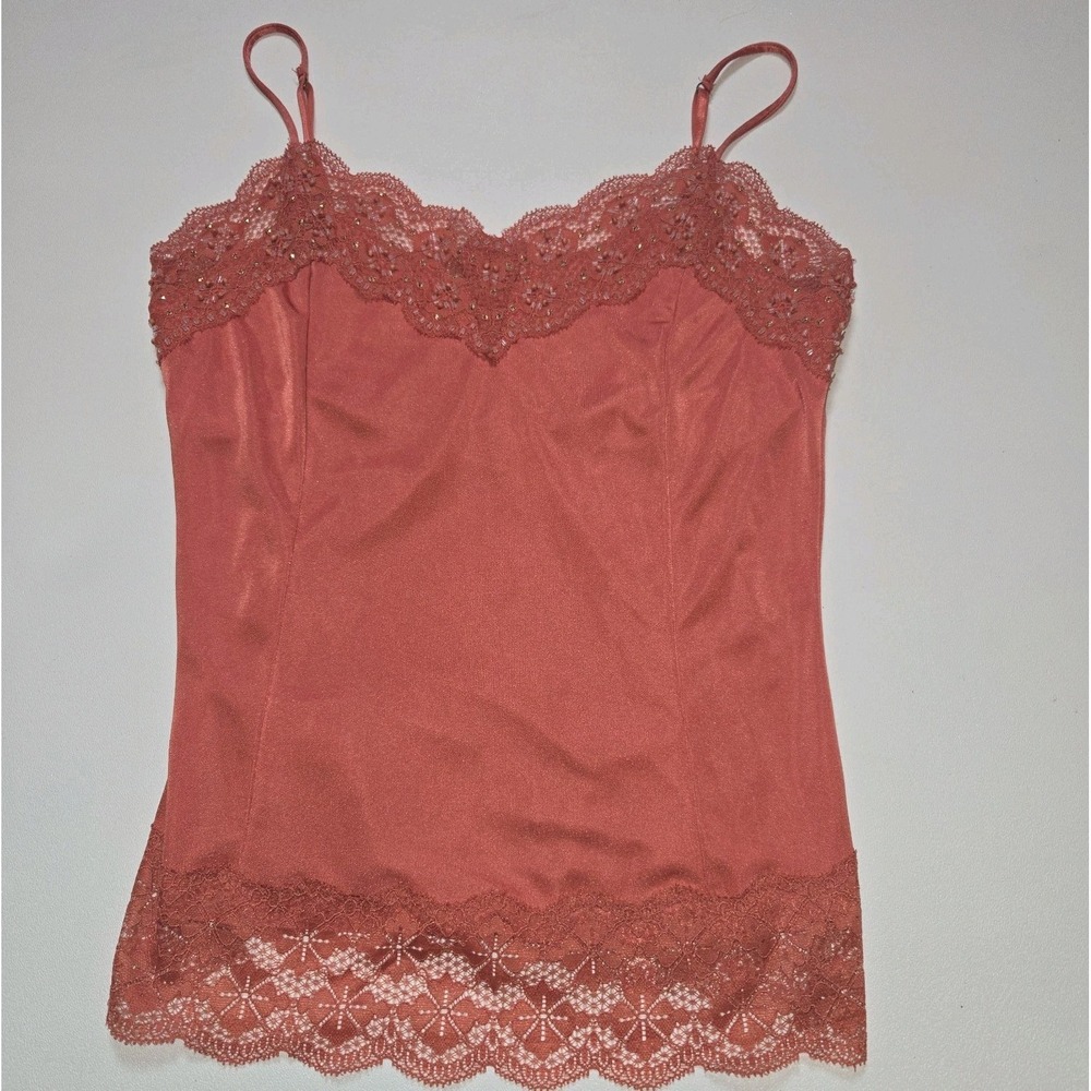 Victoria Secret Satin Lace Trim Camisole Top Coral Orange Beaded XS 5389-154 VTG